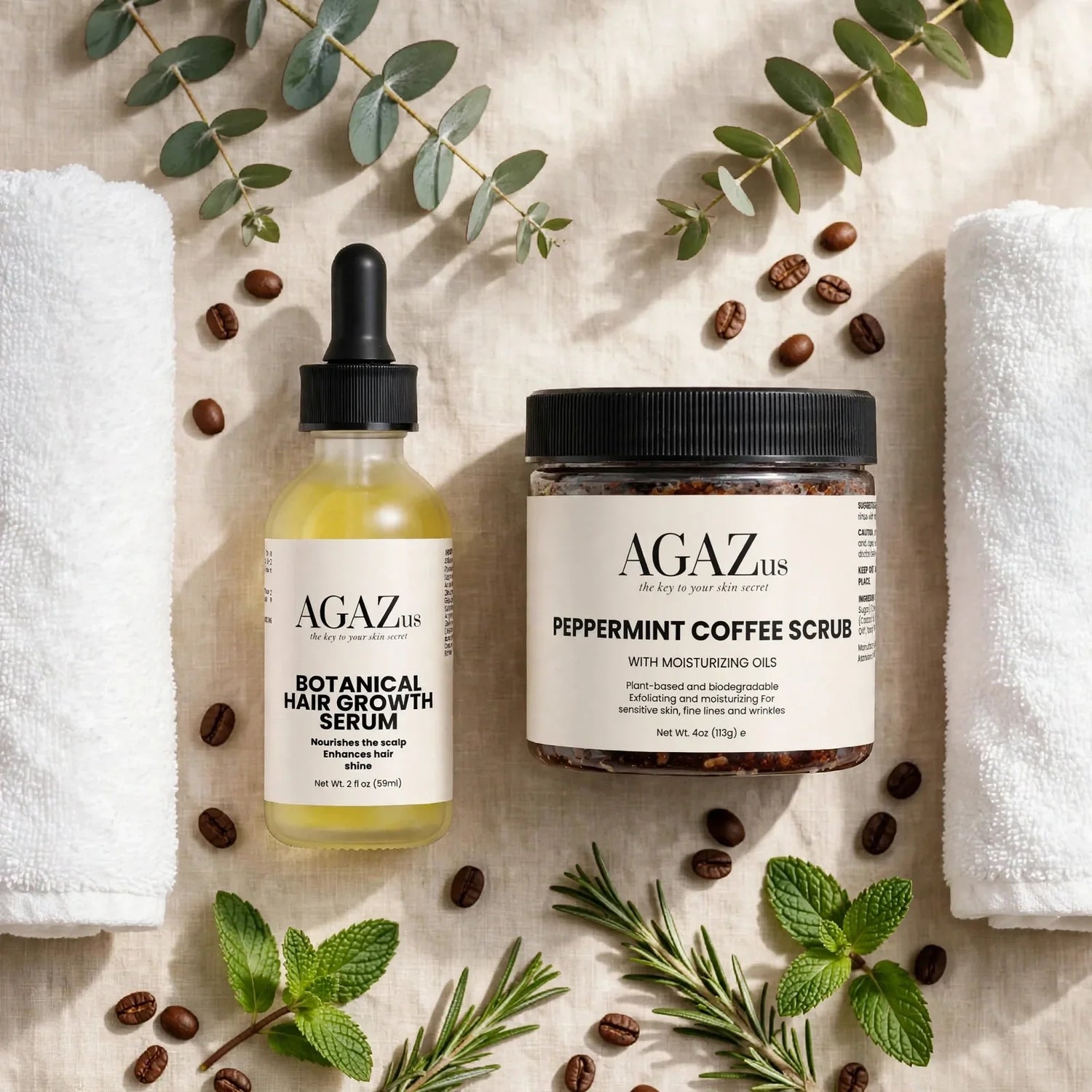 AGAZus Scalp & Body Collection – Botanical Hair Growth Serum and Peppermint Coffee Scrub with coffee beans and mint on linen background