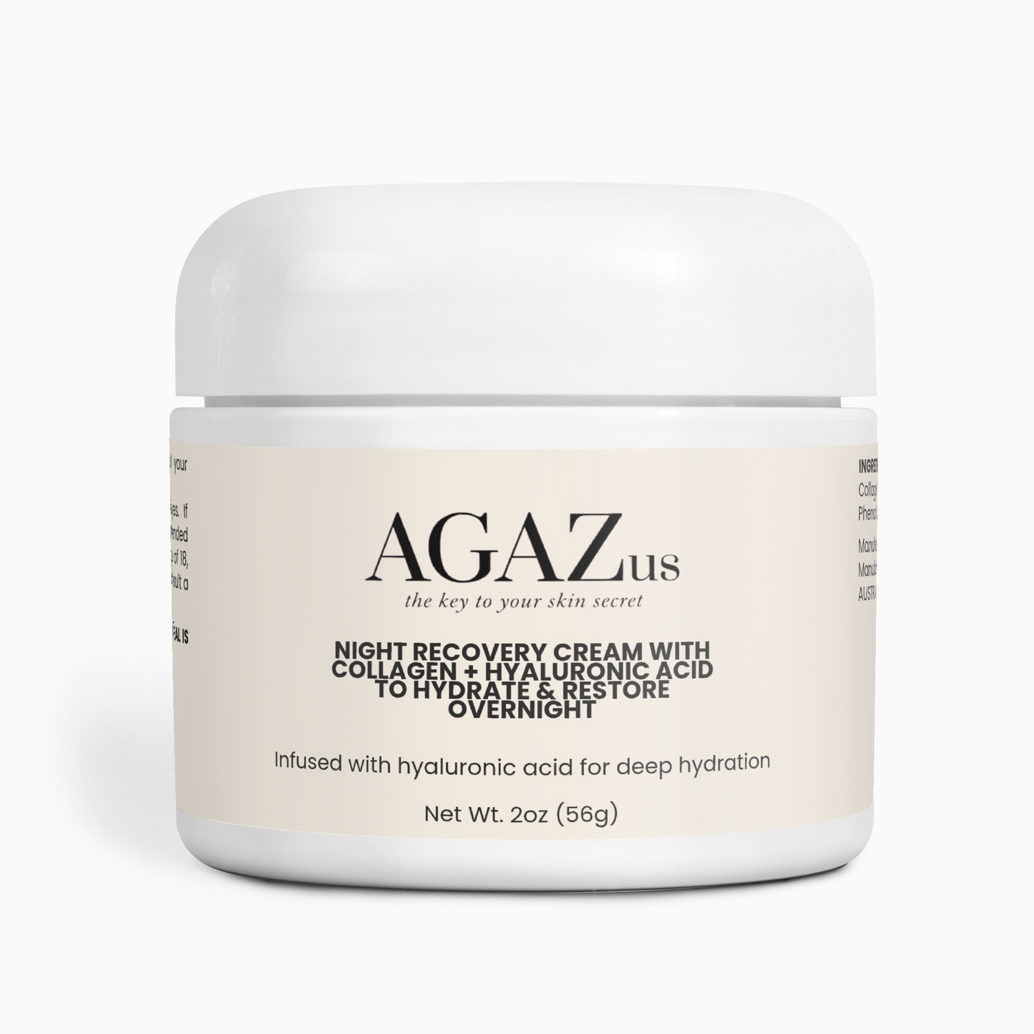 AGAZus Night Recovery Cream with Collagen and Hyaluronic Acid - open white jar showing light creamy beige ivory texture swirl, overnight hydrating moisturizer to hydrate and restore, infused with avocado oil and lavender oil, Net Wt 2oz 56g