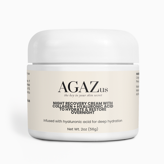 AGAZus Night Recovery Cream with Collagen and Hyaluronic Acid - open white jar showing light creamy beige ivory texture swirl, overnight hydrating moisturizer to hydrate and restore, infused with avocado oil and lavender oil, Net Wt 2oz 56g