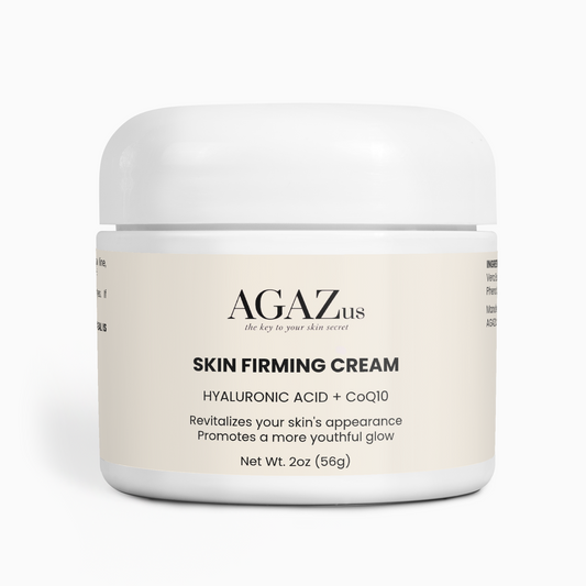 Skin Firming Cream jar with a clean, minimalist design highlighting anti-aging and firming benefits for the face, neck, and jawline.